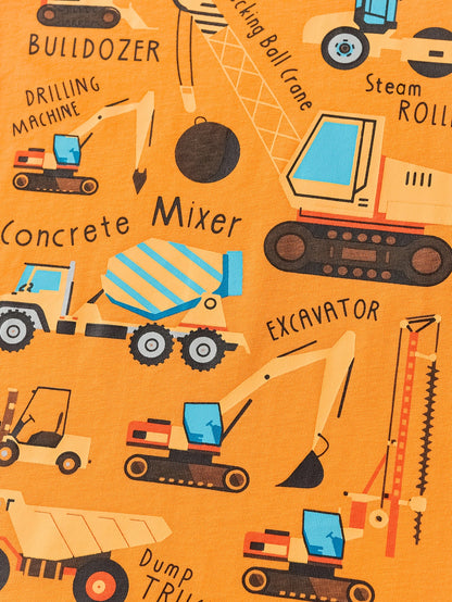 T-shirt de manga curta para criança em algodão com estampa de escavadora de desenho animado, respirável e moderna para o verão.