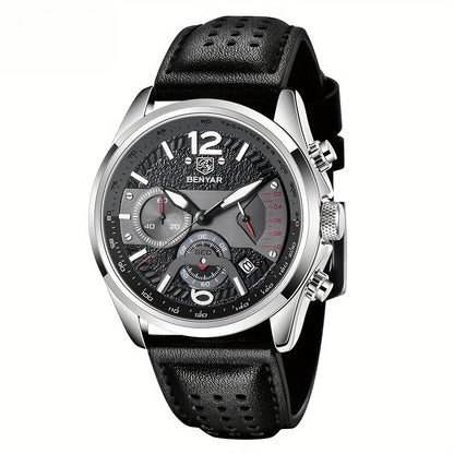 BENYAR Men's Quartz Chronograph Watch with Faux Leather Strap, 30m Waterproof, Fashionable Sport and Business Design, Elegant Gift for Men, Multifunctional, Calendar