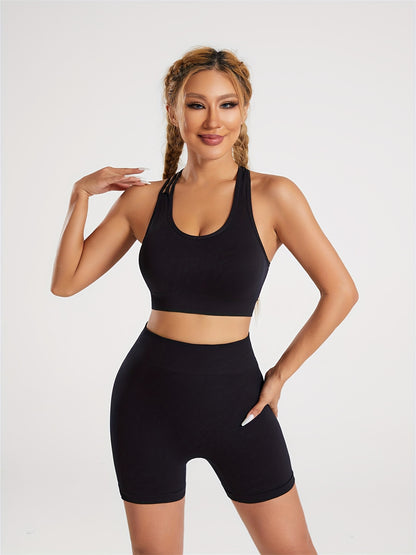 2pcs Yoga Workout Set, Criss Cross Sports Bra & High Waist Fitness Running Sports Shorts, Women's Activewear