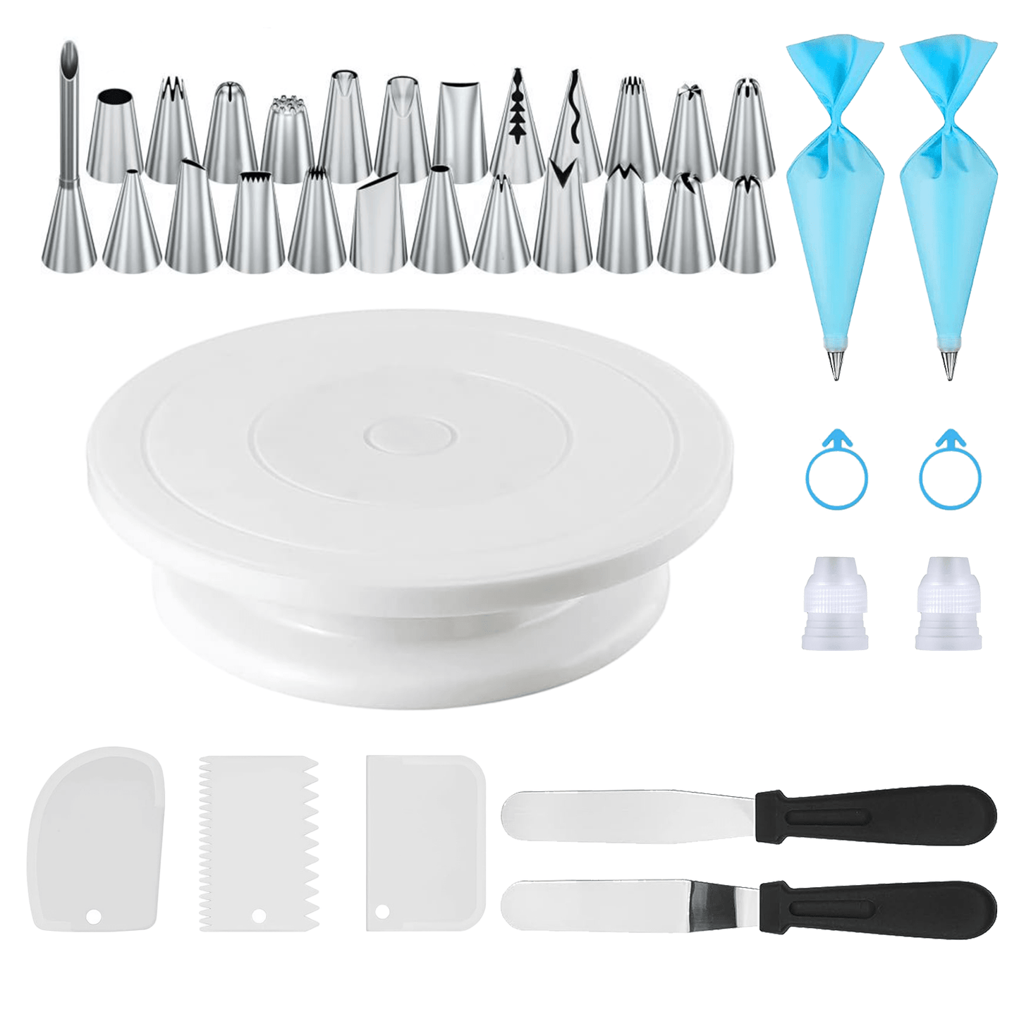 36pcs Stainless Steel Piping Nozzles Cake Turntable Set, 24 Piping Nozzles, 1 Cake Turntable, 2 Reusable Piping Bags, 2 Silicone Rings, 2 Converters, 2 Cream Spatulas, 3 Cream Scrapers, Cake Decorating, Nozzles, Pastry, Cupca