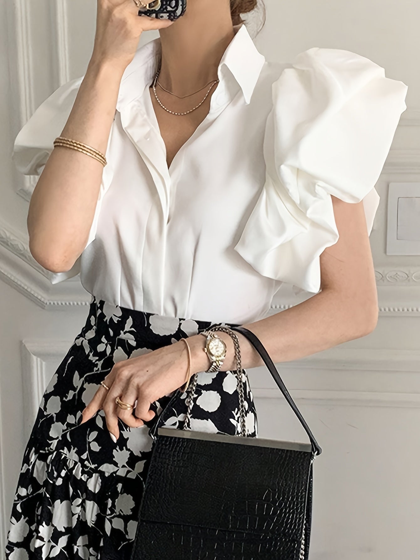Solid Puff Sleeve Blouse, Elegant Lapel Collar Short Sleeve Blouse, Women's Clothing