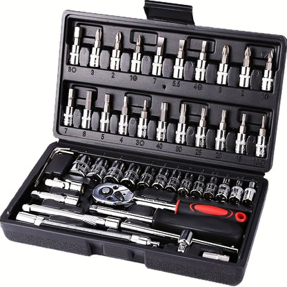 46pcs Motorcycle And Car Repair Toolkit: Ratchet Torque Wrench, Wrench, Screwdriver, Socket Set - Perfect For Motorcycle And Car Repairs!