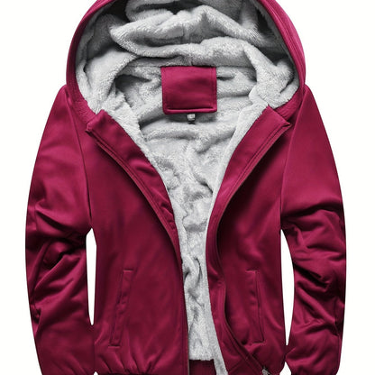 Men's Warm Fleece Hooded Jacket Coat, Warm Thick Zip Up Hoodie For Fall Winter