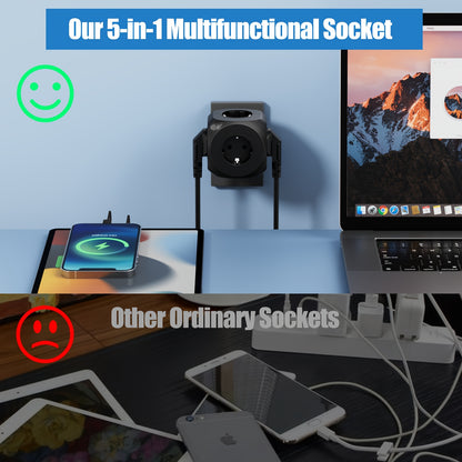 Tomada elétrica padrão europeia 5 em 1, extensão de parede com 5 fichas europeias – Resolva a falta de tomadas na sala de estar, quarto, escritório e cozinha.