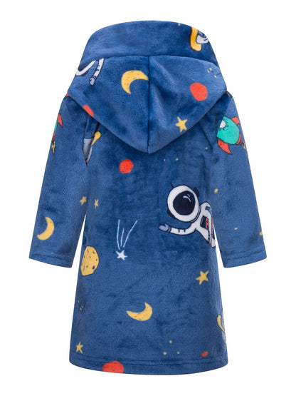 Kids Flannel Bathrobes Boys Hoodie Robes Soft Astronaut Planet Print Sleepwear Kids Clothes