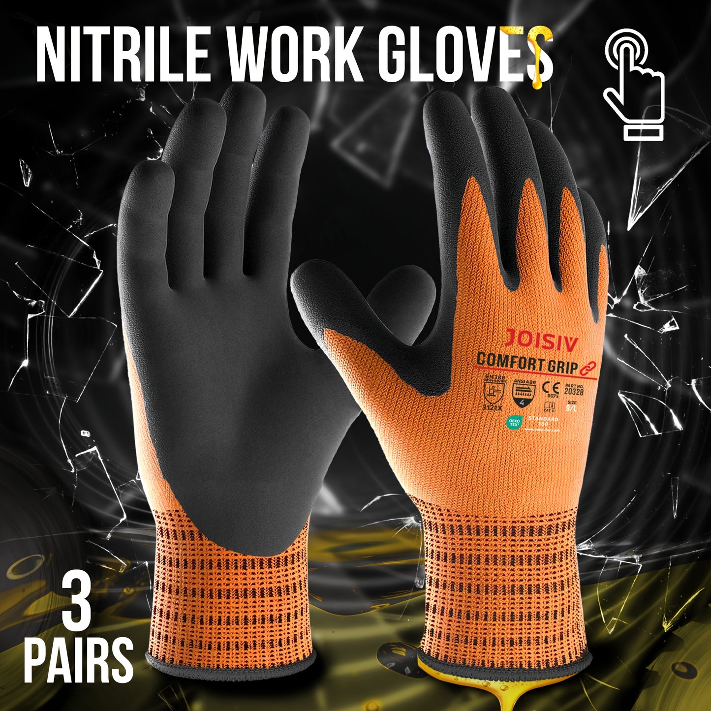 JOISIV 3/6 Pairs Nitrile Work Gloves - MicroFoam Coated, Non-Slip Grip, Breathable Safety Gloves for Gardening, Mechanic, Warehouse & DIY Tasks