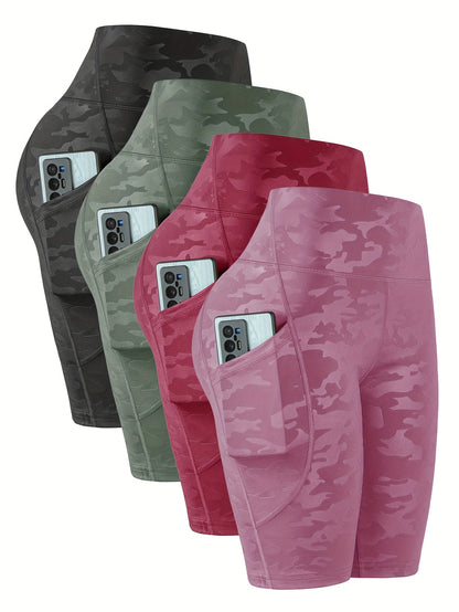 4pcs Women'S High-Waist Camouflage Print Leggings - Stretchy, Breathable Activewear with Pockets for Running, Fitness, Yoga - Spring/Summer/Fall Outdoor Pants, High Waisted Legging