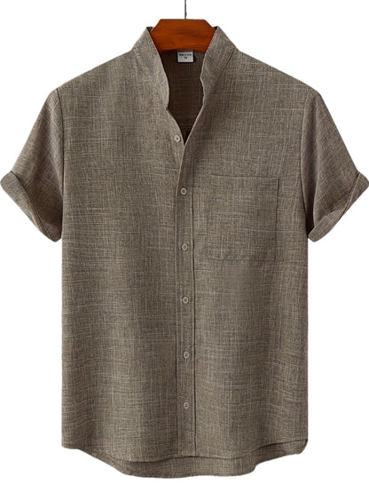 Solid Color Men's Short Sleeve Stand Collar Shirt, Men's Casual Button Up Shirt For Summer Outdoor