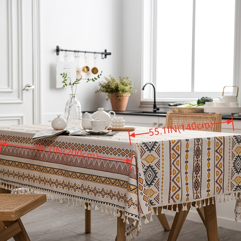 1pc Boho Style Rectangular Tablecloth with Tassels - Waterproof and Oil Proof Home Decor