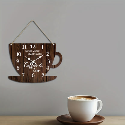 1pc Unique Clock, Coffee Cup Shaped Creative Wall Clock with Arabic Numerals Design in Dark Wood Tone, Silent Quartz Wooden Timepiece for Bedroom, Living Room, Office, Kitchen & Bathroom - Battery Operated (Batteries Not Incl
