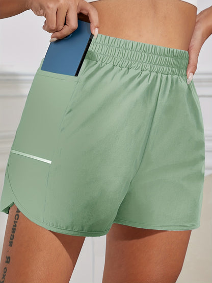 Women's Sports Shorts With Phone Pocket, Elastic Waist Quick Drying Running Shorts, Women's Activewear