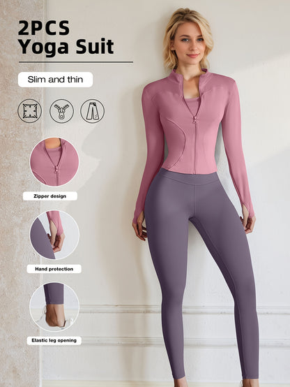 European Code Polyester Fabric Gym Running Clothes Long Sleeve Sports Jacket Cycling and Hiking Tightening Buttocks Pants Fitness Suit