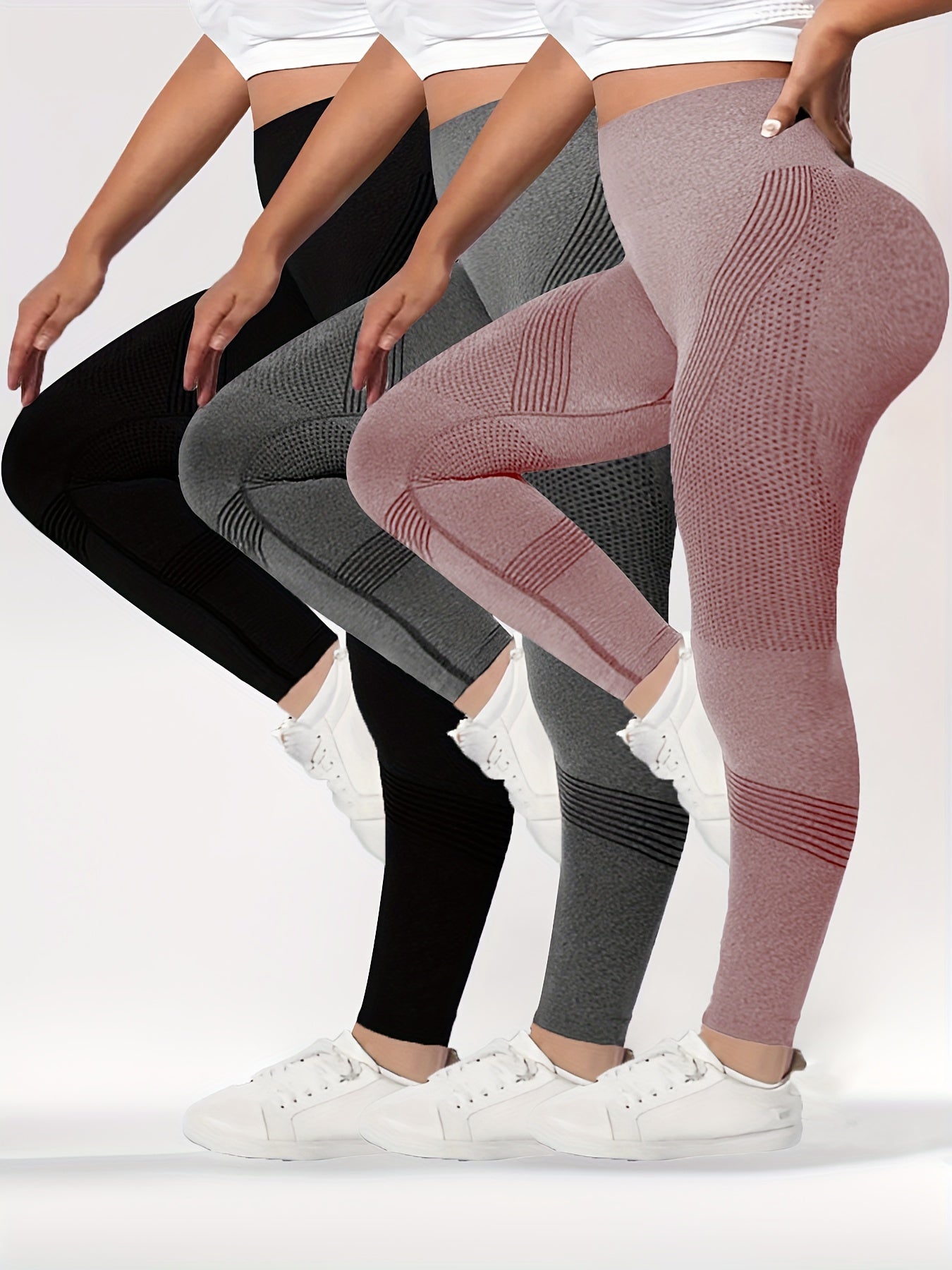 3 Packs Plus Size Simple Skinny Leggings, Casual High Waist Stretchy Leggings For Spring & Summer, Women's Plus Size Clothing