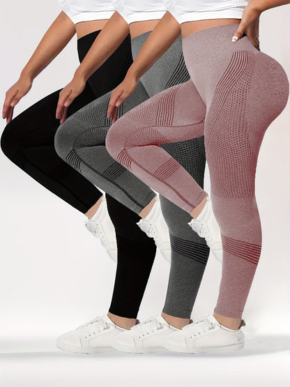 3 Packs Plus Size Simple Skinny Leggings, Casual High Waist Stretchy Leggings For Spring & Summer, Women's Plus Size Clothing