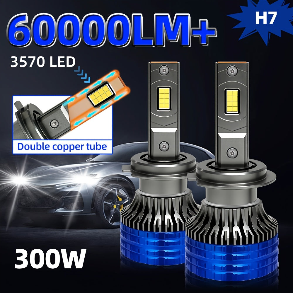 2pcs H4 H7 Car Bulb LED Headlights With 300W High Power 60000LM, Compatible with Canbus And Various Models Including  H1, H11 H8 H9, HB3 9005, HB4 9006, 12V 24V, Featuring Turbo Lamp at 6000K for Vehicles, Without Battery