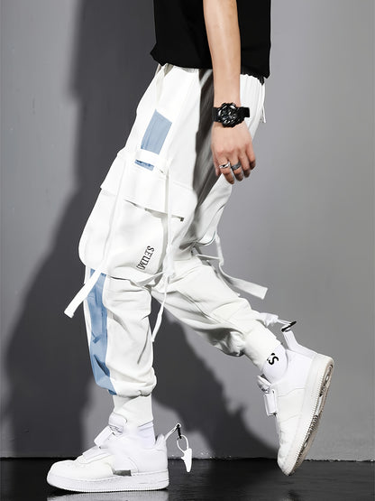 Multi-pocket Ribbon Design, Men's Color Block Cargo, Trendy Comfy Jogger Pants