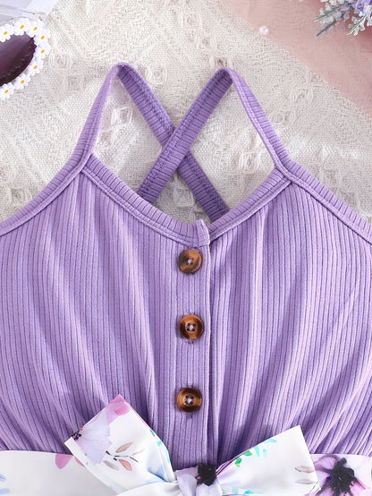 Girls' Summer Casual Floral Print Off-Shoulder Jumpsuit with Adjustable Waist Belt - Lightweight Breathable Shorts for Outdoor Play & Daily Wear, Blue & White Flower Design, Perfect for Weekend Outings, Cute Outfits for Girls