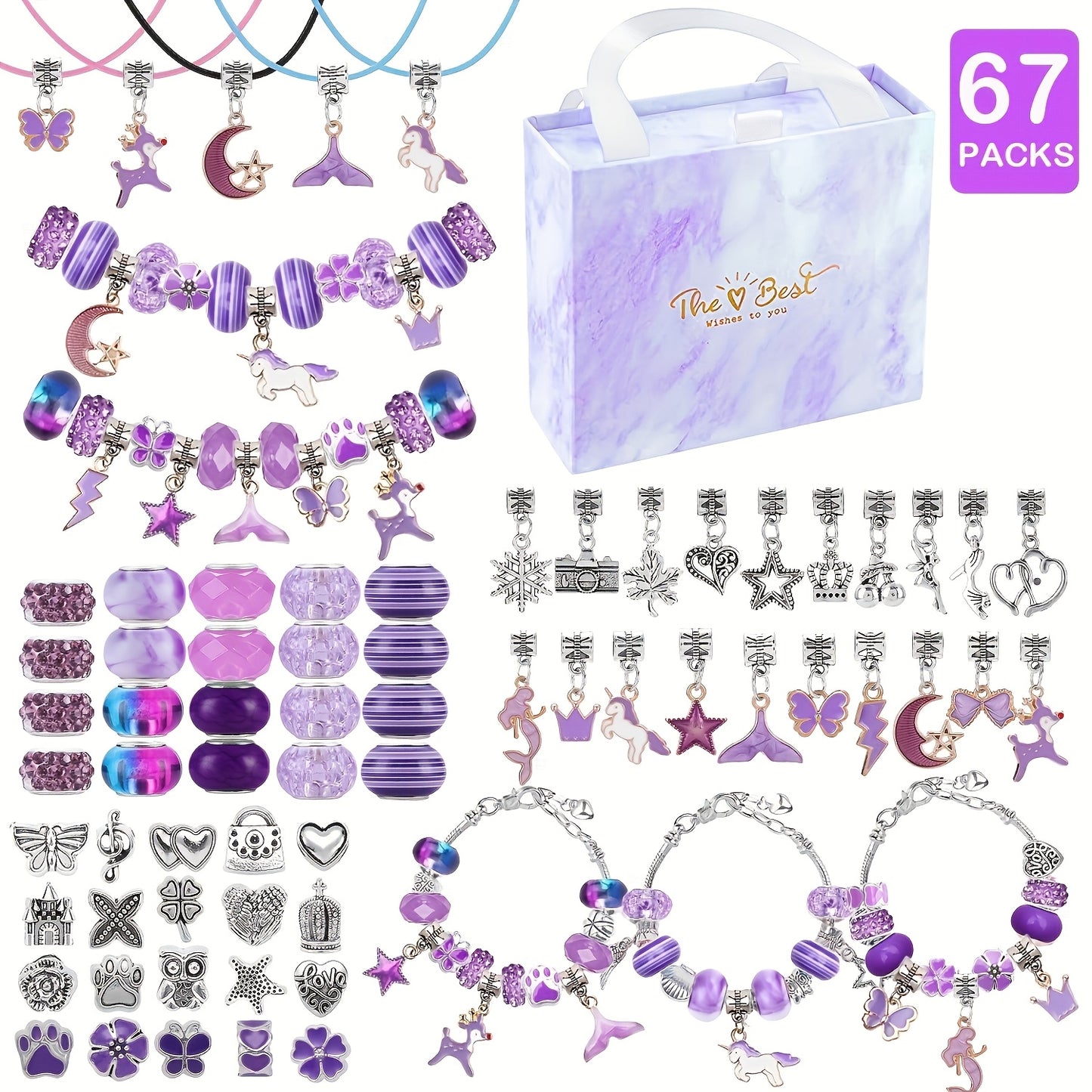 Kit de pulseiras DIY com 67 peças, incluindo 60 charms, 3 pulseiras e 3 colares. Ideal para presentes de aniversário, Natal, Ano Novo e Dia dos Namorados.