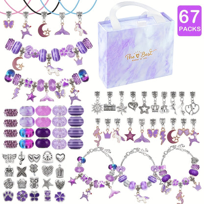 Kit de pulseiras DIY com 67 peças, incluindo 60 charms, 3 pulseiras e 3 colares. Ideal para presentes de aniversário, Natal, Ano Novo e Dia dos Namorados.
