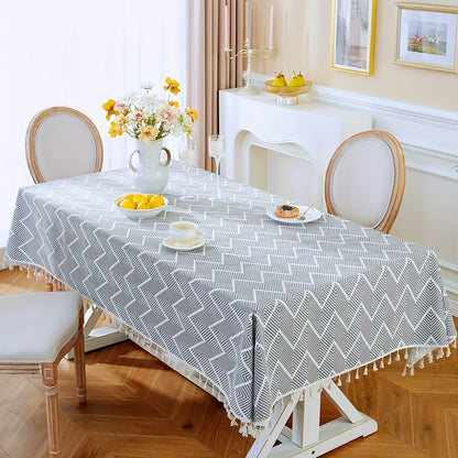 1pc, Bohemian Geometric Wave Pattern Tablecloth - European Style Cotton and Linen Rectangular Tablecloth for Farmhouse, Restaurant, Picnic, Camping, Birthday Party Decoration and Home Decor