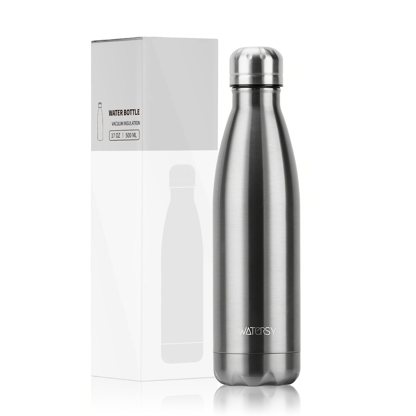 1pc WATERSY 17Oz/500Ml Outdoor Water Bottle 304 Stainless Steel Insulation for Heat Preservation And Cold Preservation with White Card And Silver Hot Stamping Box 2 Sealing Rings