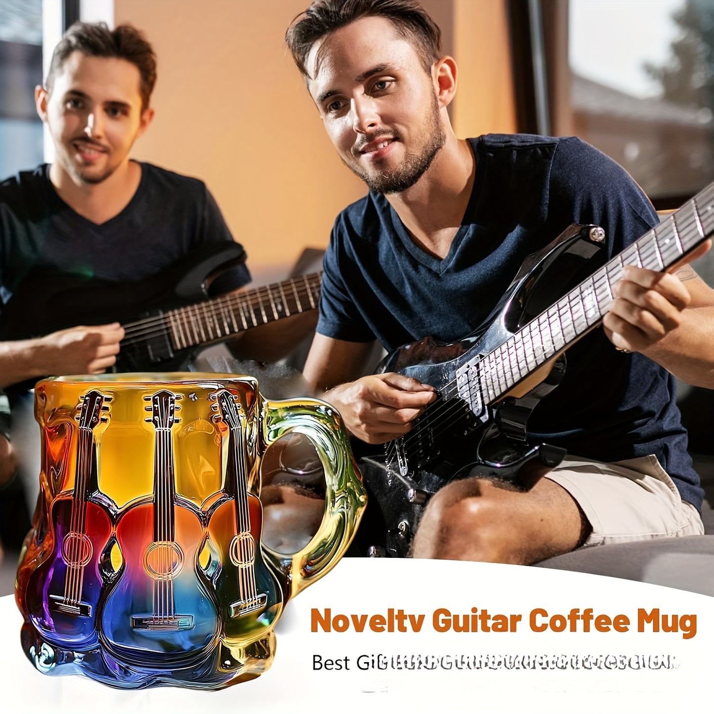Novelty Guitar Art Mug - Vibrant Electric Guitar Design, High-Quality Glass Coffee Cup for Music Lovers, Durable Home & Office Decor, Perfect Gift for Musicians & Guitar Enthusiasts, Guitar Accessories, Musical Decor, Artisti