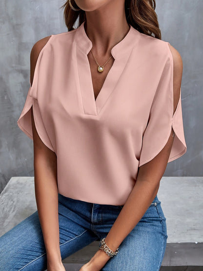 Solid Notched Neck Simple Blouse, Elegant Split Sleeve Blouse For Spring & Summer, Women's Clothing