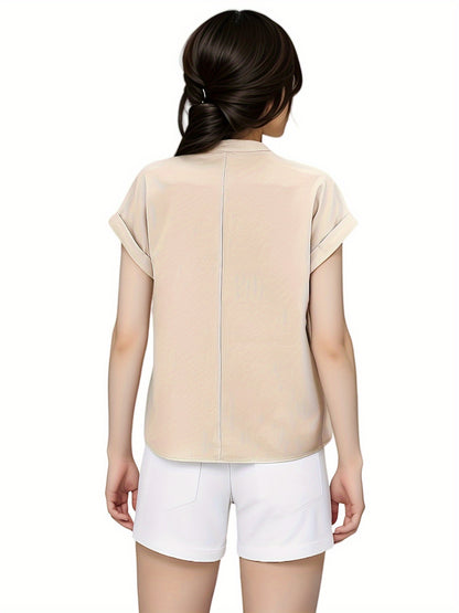 Solid Color V Neck Blouse, Casual Short Sleeve Top For Spring & Summer, Women's Clothing