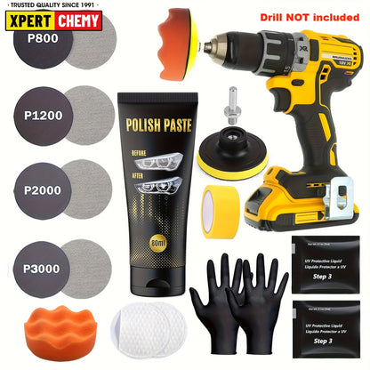 Headlight Restoration Kit, Universal Model, with Sanding Discs, Clear Coat Wipes, Foam Pad & Glove, for Car Headlights, Taillights, Fog Lights, Plastic Lens Restoration and Protection