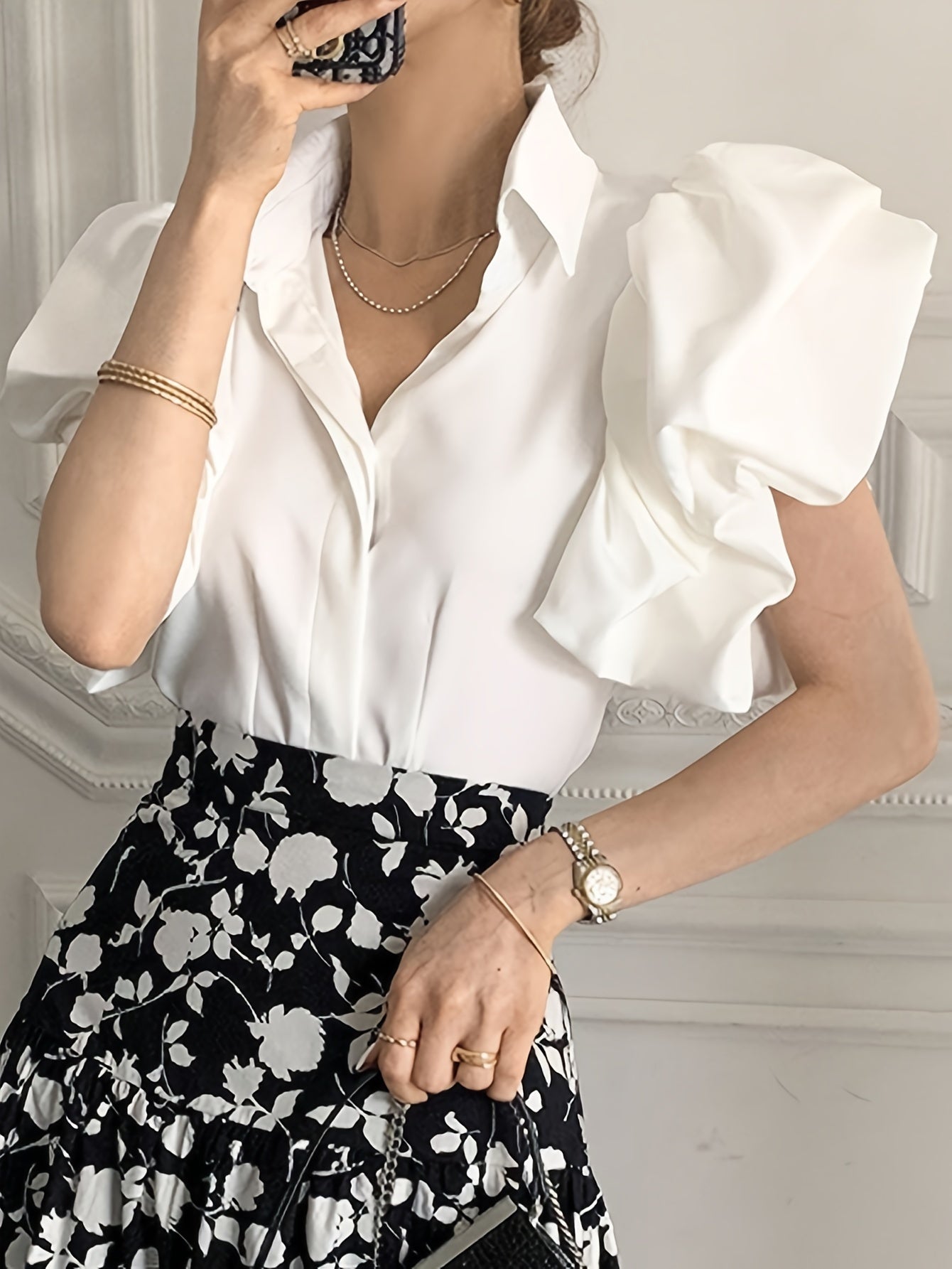 Solid Puff Sleeve Blouse, Elegant Lapel Collar Short Sleeve Blouse, Women's Clothing