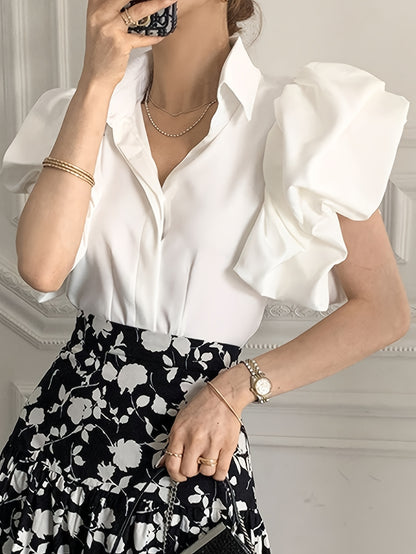 Solid Puff Sleeve Blouse, Elegant Lapel Collar Short Sleeve Blouse, Women's Clothing