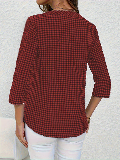 Plaid Print Button Notched Neck Blouse, Casual Rolled Sleeve Blouse For Spring, Women's Clothing