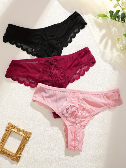 3pcs Women's Lace Trim Sexy Sheer Thong Set, Intimate Wear, Thong Collection, Feminine Lingerie, Elegant Thongs, Soft Lace, Comfortable Fit, Vstring Panties, Lowrise Underwear, Sensual Undergarments, Lingerie Lovers
