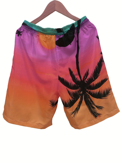 Quick Drying Comfortable Breathable Gradient Palm Tree At Dawn Seaside Drawstring Swim Trunks, Men's Board Shorts Swimwear For Summer Vacation Resort Beach Pool