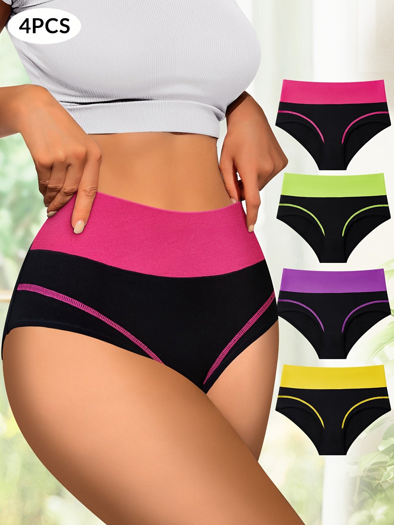 4-Pack High-Waisted Tummy Control Women's Panties, Fashionable Color-Block Comfort Fit Briefs