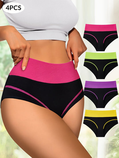 4-Pack High-Waisted Tummy Control Women's Panties, Fashionable Color-Block Comfort Fit Briefs