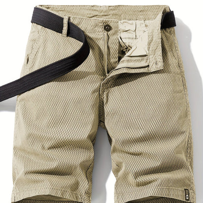 Men'S Casual Cargo Shorts with Striped Design, Elastic Waistband & Multiple Pockets - Beige/Black Regular Fit for Outdoor, Sports & Casual Attire (Belt Not Included), Outdoor Apparel, Functional Pockets, Nonelastic Fabric