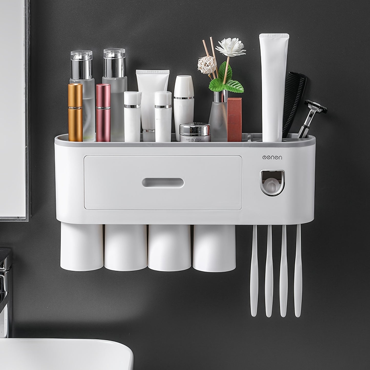 No Drill Adhesive Wall-Mounted Modern White Bathroom Organizer Set with 2-in-1 Magnetic Toothpaste Dispenser & Multi-Tier Storage Shelf - Space-Saving Over Sink Organizer with Suction Cup Hooks, Durable Plastic Construction f