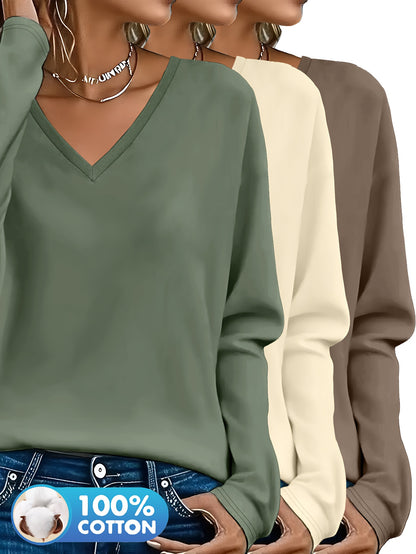 3pcs Women'S 100% V-Neck Long Sleeve T-Shirts - Soft, Durable, and Comfortable Casual Wear for All Seasons, Perfect for Holidays, Graduations, and Everyday Style, Everyday Comfort Wear | Minimalist Style | Soft Fabric Tee