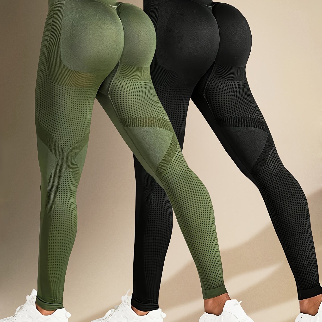 Two Solid Color High-Elasticity Fitness Yoga Leggings - Abdominal Control, Pleated, Elastic Waistband, Long Length, Made of Polyamide And Elastic Materials - Suitable for Women'S Activewear, Exercise, And All Seasons.