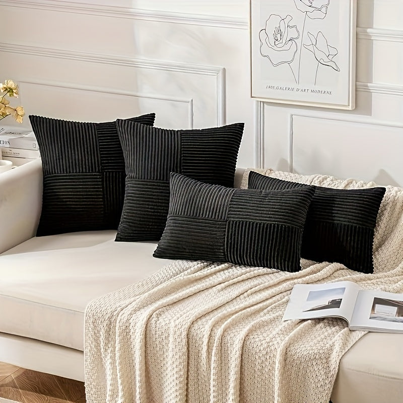 Conjunto de 4 almofadas sortidas (2 quadradas + 2 retangulares) com enchimento, superfície lisa, almofadas às riscas em bombazine resistentes ao desgaste, ideais para decorar sofás, quartos, salas e varandas.