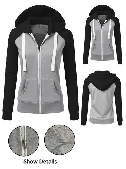 Women's Elegant Zip-Up Hooded Jacket - Slim Fit Winter Coat with Full-Zip Front Closure, Side Pockets - Machine Washable Outerwear for Office, Casual, Formal Events - Available Now!, Office Wear, Sleek Design, Soft Fabric, Fa