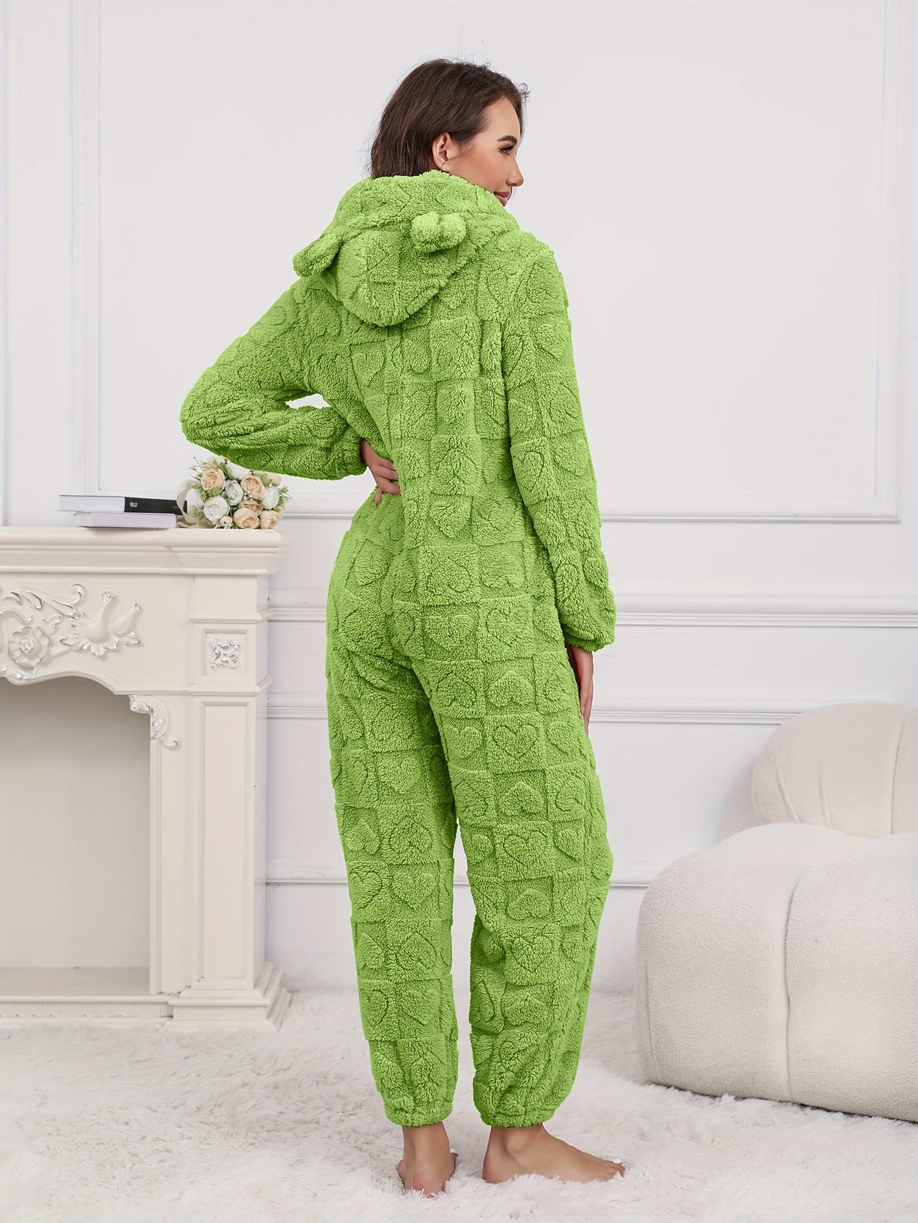 Macacão de senhora de lã macia com capuz - Macacão aconchegante de comprimento médio com fecho, estampado de corações, calças harém e lavável à máquina, ideal para o outono/inverno, vestuário de inverno, estampado divertido de ursos, tecido macio.