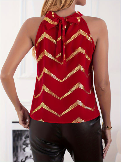 Graphic Print Tie Neck Blouse, Elegant Sleeveless Blouse For Spring & Summer, Women's Clothing