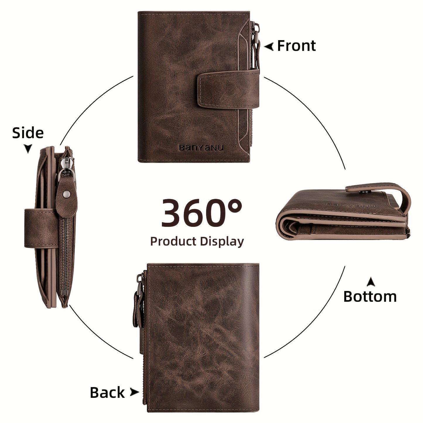 BANYANU Vintage Genuine Leather Wallet for Men - RFID Blocking, 17 Card Slots, Zippered Coin Pocket & Independent Card Holder, Brown, Perfect Father'S Day Gift, Secure Card Storage | Vintage Wallet | Durable Zipper Closure, B