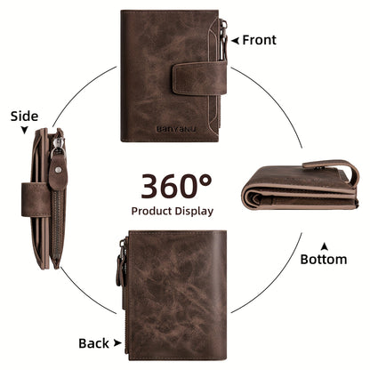 BANYANU Vintage Genuine Leather Wallet for Men - RFID Blocking, 17 Card Slots, Zippered Coin Pocket & Independent Card Holder, Brown, Perfect Father'S Day Gift, Secure Card Storage | Vintage Wallet | Durable Zipper Closure, B