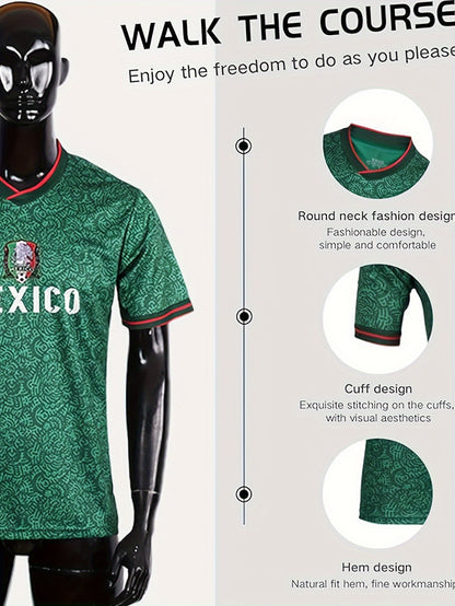 Mexico Men's Letter Print Breathable Football Jersey, Active Slightly Stretch Crew Neck Short Sleeve Soccer Club Uniform Shirt For Training Competition