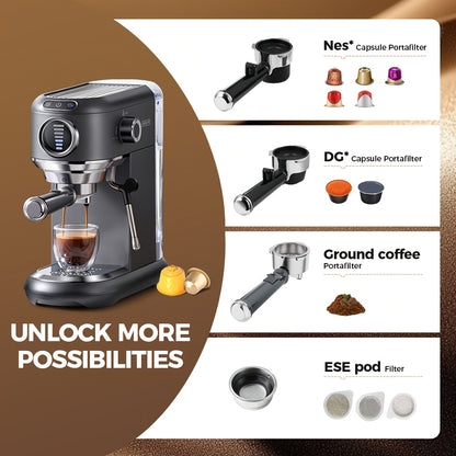 CAFELFFE Cold/Hot Semi-Automatic Espresso Machine, Stainless Steel Multi-Function Latte & Cappuccino Maker with Built-in Milk Frother/Steam Wand, Upgraded 7-Level Water Volume Control, Compatible with Ground Coffee & ESE Pods