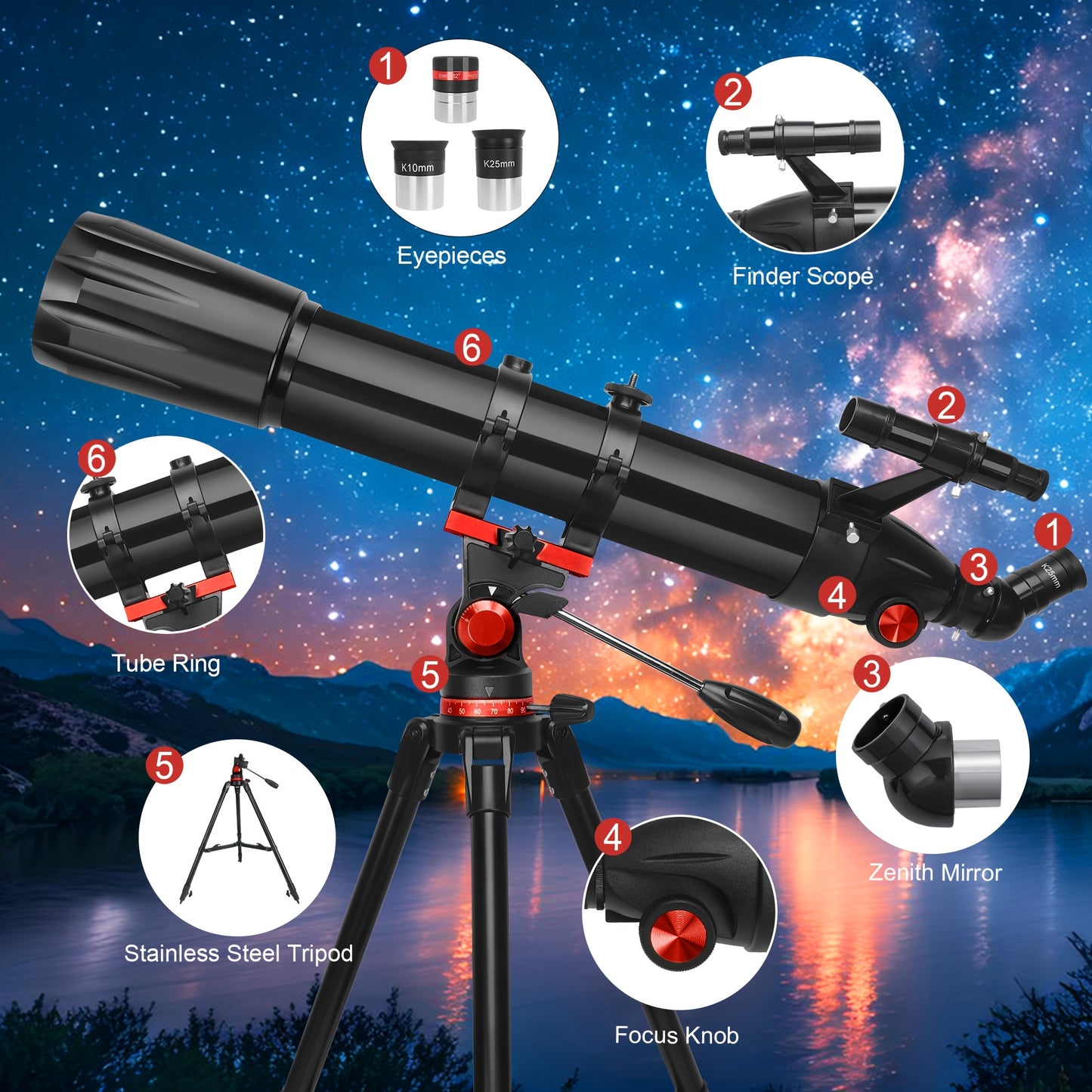 Telescópio refrator profissional com ampliação de 450x, abertura de 90 mm, revestimento completo de 900 mm, alta transmitância, montagem AZ e suporte para telemóvel para observação da lua, pássaros e estrelas - Presente ideal para o Natal e aniversários.