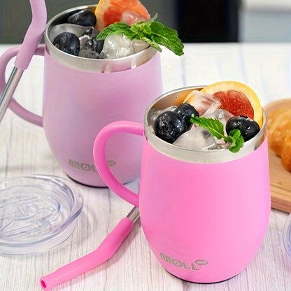 Mollcity 12oz Stainless Steel Tumbler with Straw & Spill-Proof Lid - Double-Wall Vacuum Insulated Cup, Pastel Pink ( purple), Leakproof Travel Mug, BPA-Free, Non-Slip Base & Ergonomic Handle for Women, Office, Gym, Outdoor -